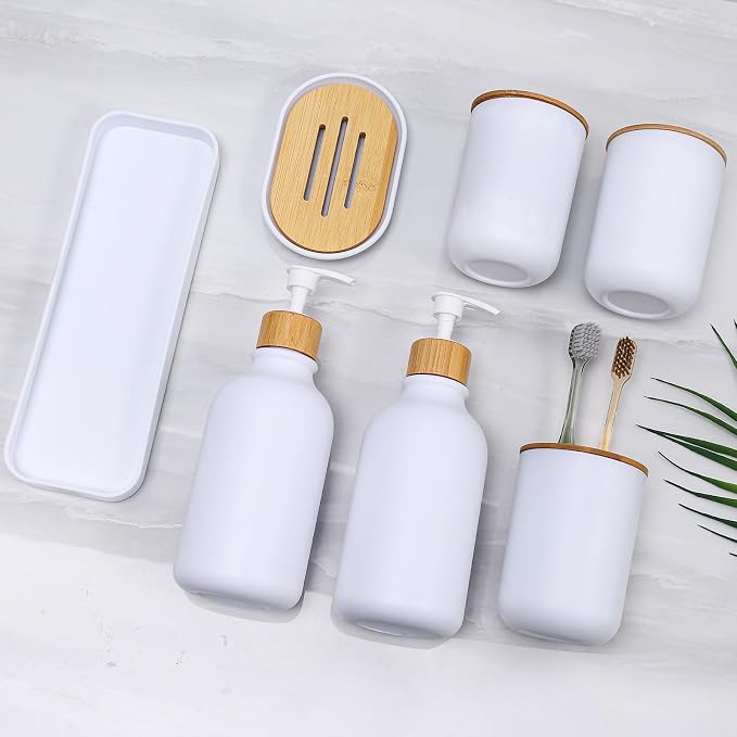 Matte White Bathroom Accessories Set 7 Pcs, Bamboo Bathroom Accessories Sets - Image 5