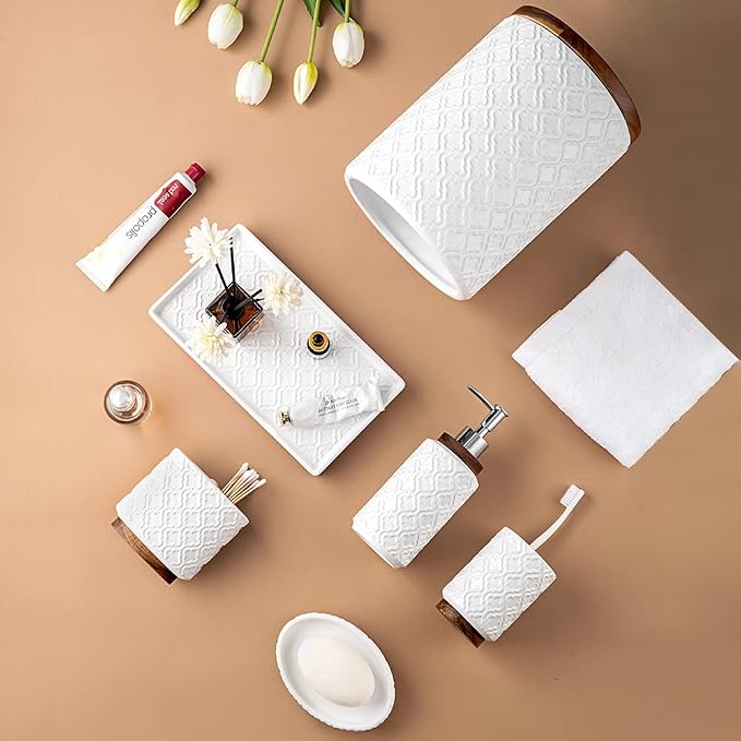 Bathroom Accessories Set 6 Pcs Ceramic Wooden Bathroom Set - Image 5