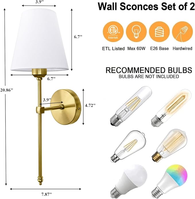 Bsmathom Wall Sconces Sets of 2, Hardwired Classic Brushed Brass Sconces Wall - Image 3