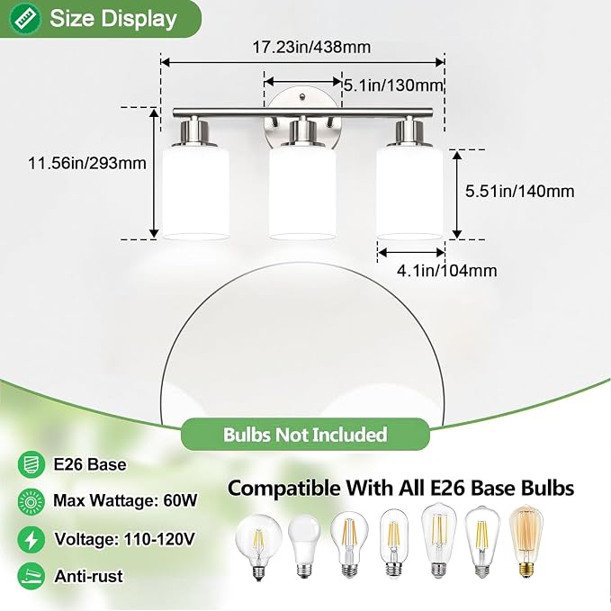 3-Light Bathroom Light Fixtures, Brushed Nickel Vanity Light, Farmhouse Wall - Image 8