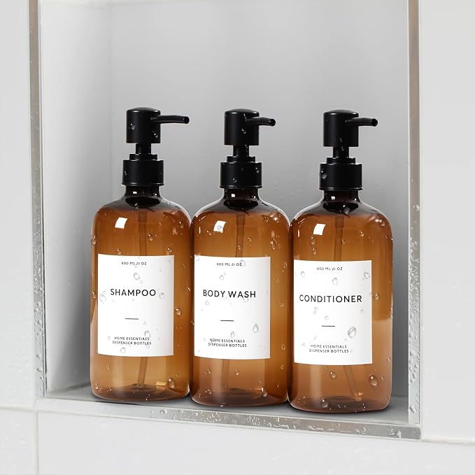 HOMCDALY Shampoo and Conditioner Dispenser, 21oz 3-Pack Refillable Shampoo and - Image 7