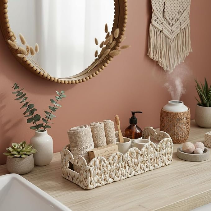 Scalloped Toilet Paper Storage Basket, Boho Small Bathroom Basket, Wicker Decor - Image 3