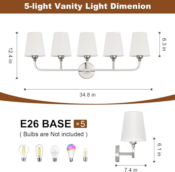 Bathroom Vanity Light, Brushed Nickel Bathroom Light Fixtures, 5-Light Lighting - Image 4