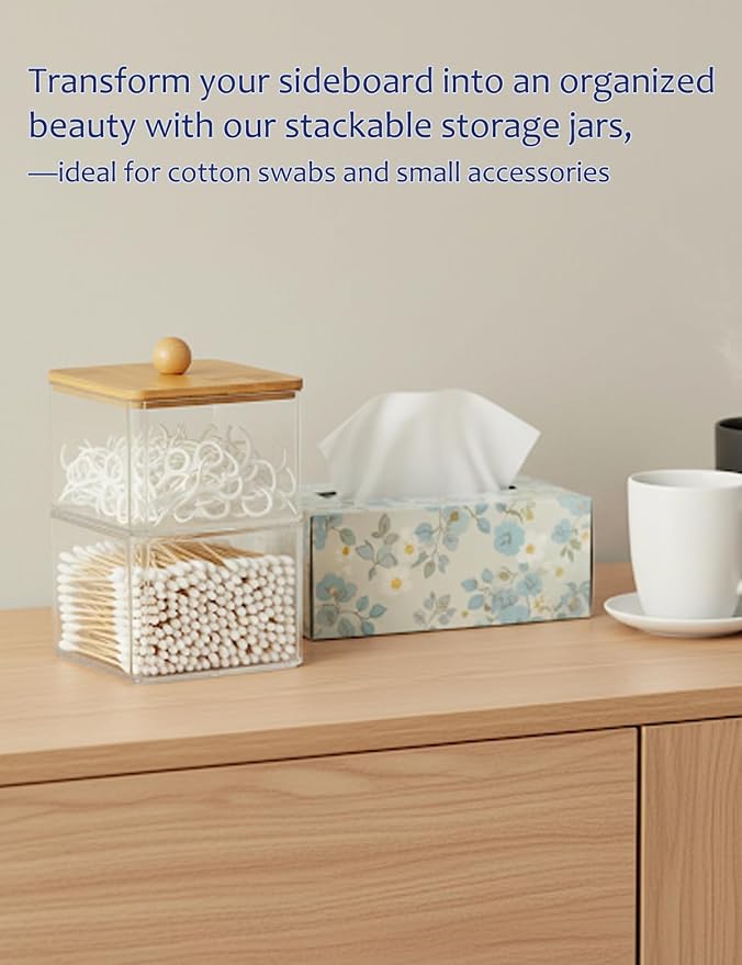 Cotton Swab Holder with Bamboo Lid, Double Layer Stackable Bathroom Organizer - Image 5