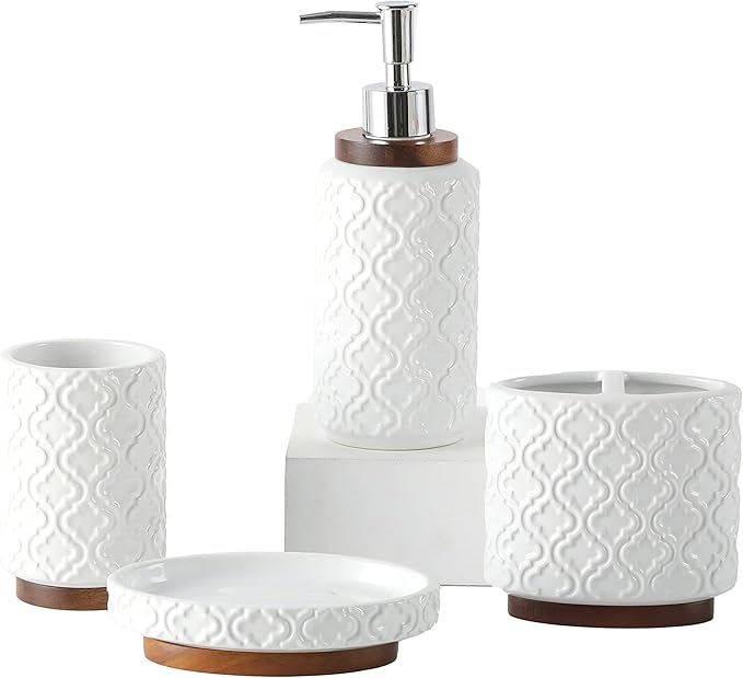 Elegant Bathroom Accessories Set 4 PCS Ceramic and Wood Bathroom Accessory Set by RQYIXI