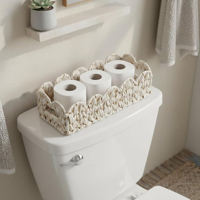 Scalloped Toilet Paper Storage Basket, Boho Small Bathroom Basket, Wicker Decor - Image 2