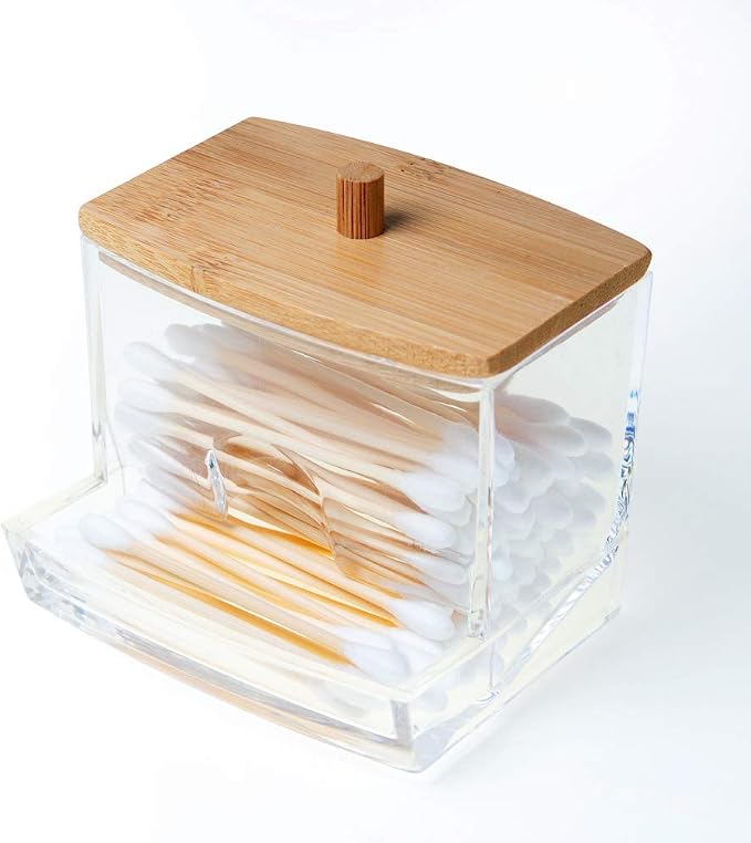 NAGU Acrylic Qtip Holder with Bamboo Lid, Plastic Ear Stick Swabs Holder by NTLToolworks