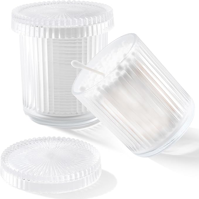 rejomiik Glass Qtip Holder Dispenser 2 Pack, Bathroom Canister Apothecary Jars by rejomiik