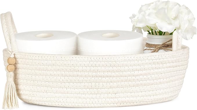Mkono Small Storage Basket for Toilet Tank Top Boho Bathroom Decor Woven Rope by Mkono