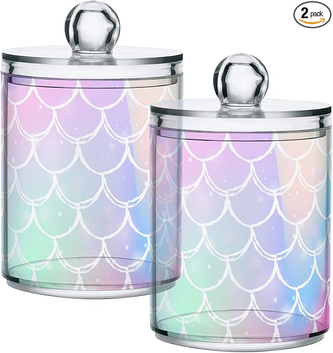 2 Pack Qtip Holder Dispenser for Cotton Ball Rainbow Scales Mermaid Cotton Swab by ALAZA