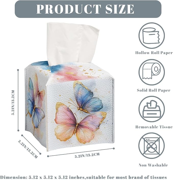Butterfly Tissue Box Cover Metallic Gold Accents Blue Orange Wing Art Square PU - Image 3