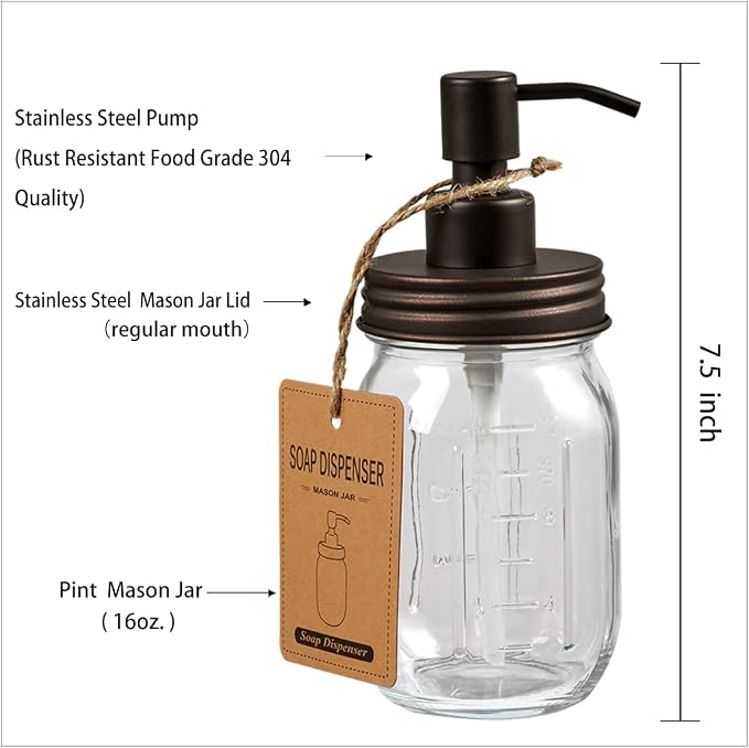 Amolliar Mason Jar Bathroom Accessories Set -Bronze-Lotion Soap Dispenser&Qtip - Image 3