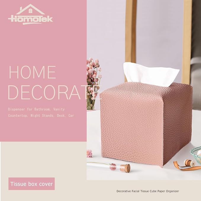 HOMOTEK 2 Pack Tissue Box Cover, Square PU Leather Tissue Holder, Decorative - Image 6