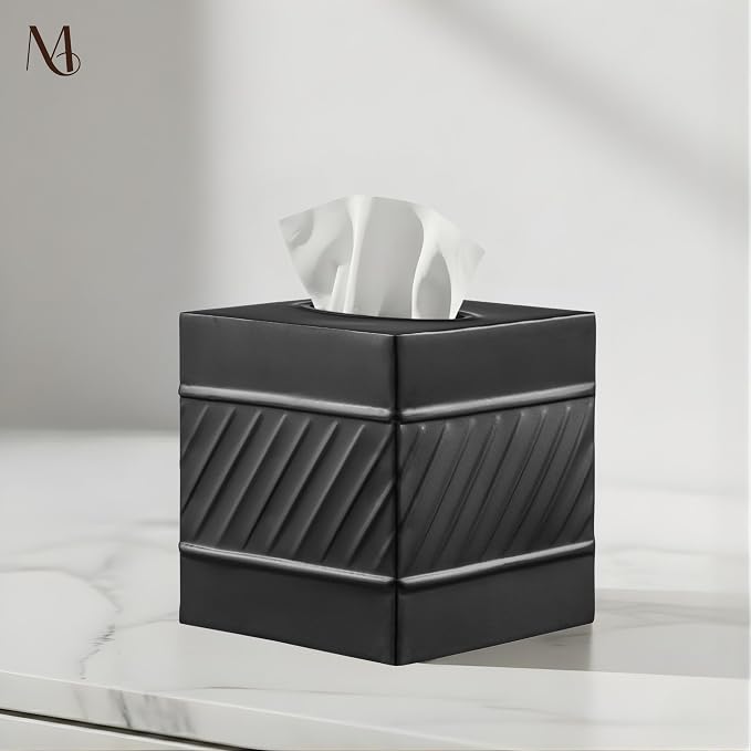Monarch Abode Tissue Box Cover Square – Handcrafted Wave Embossed Black Metal - Image 5