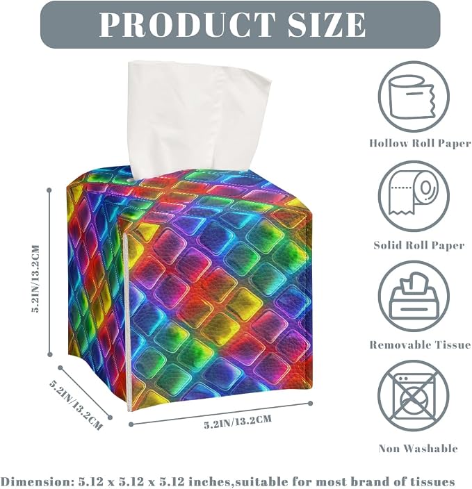 Rainbow Tissue Box Cover Neon Colorful Tiles Purple Blue Pink Square PU Leather - Image 3