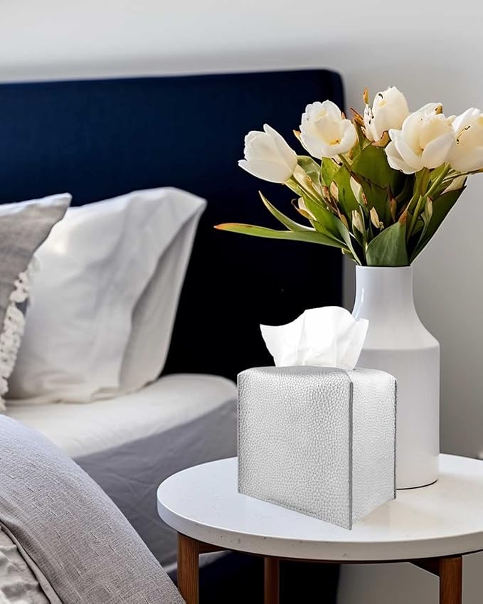 Silver Tissue Box Cover Leather – Square Tissue Box Holder - Image 6