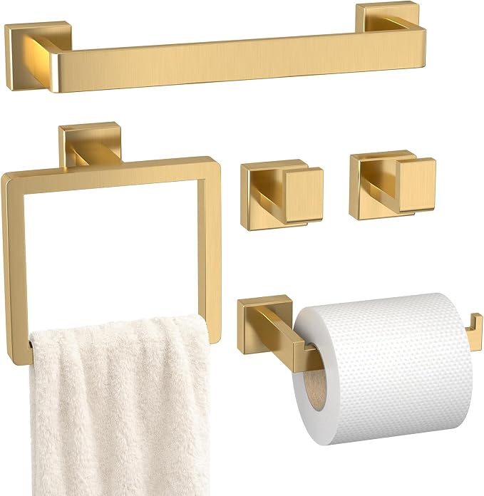 Bathroom Accessory Towel Bar Set: 5 Pieces Gold Bathroom Hardware Square SUS304 by PAHSFSLLC