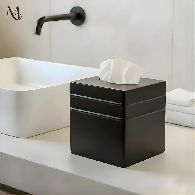 Monarch Abode Tissue Box Cover Square – Handcrafted Border Embossed Black Metal - Image 3
