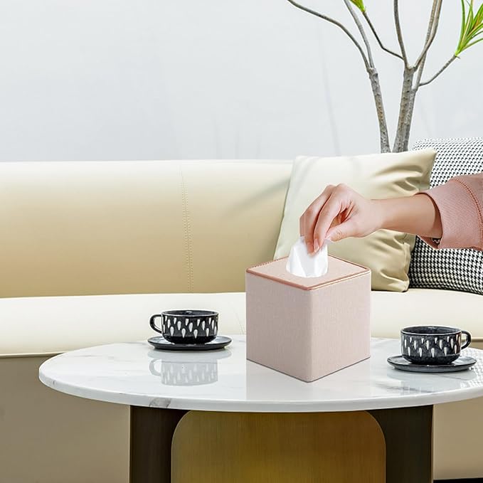 Linen Square Tissue Box Cover, Cube Tissue Box Holder－Excellent Rosegold - Image 4