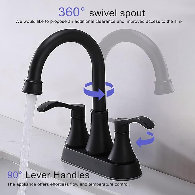 Matte Black Bathroom Sink Faucet, 2-Handle 4 Inch Centerset Lead-Free Modern - Image 2