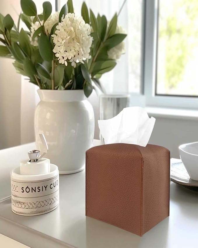 Leather Tissue Box Cover Square – Modern PU Leather Cube Tissue Box Holder - Image 4