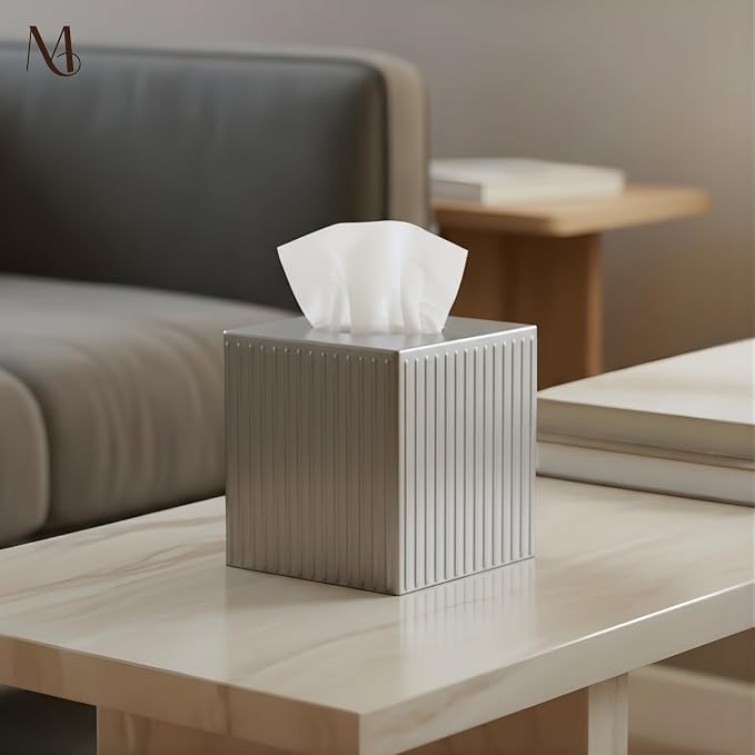 Monarch Abode Tissue Box Cover Square – Handcrafted Ridge Embossed Pewter Metal - Image 4
