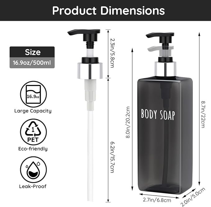 Segbeauty 16.9oz Empty Black Hand Soap Dispensers, Refillable Square Pump - Image 2