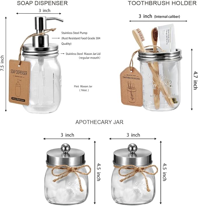 Amolliar Mason Jar Bathroom Accessories Set -Lotion Soap Dispenser & 2 Qtip - Image 5