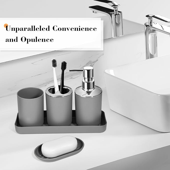 Grey Bathroom Accessories Set, Soap Dispenser and Toothbrush Holder, Soap Dish - Image 3