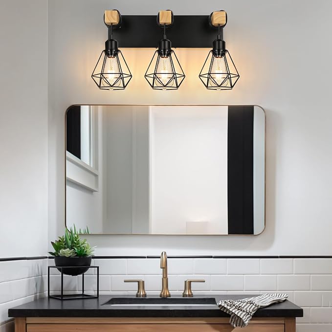 3-Light Farmhouse Vanity Light, Industrial Wood Bathroom Light Fixtures Over - Image 2