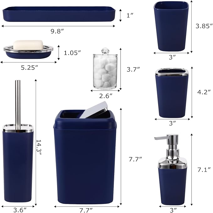 Navy Blue Bathroom Accessories Set, 9-Piece Plastic Gift Set - Image 8