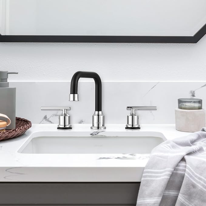 WOWOW Black and Chrome Bathroom Sink Faucet, Widespread Bathroom Faucet 3 Hole - Image 2