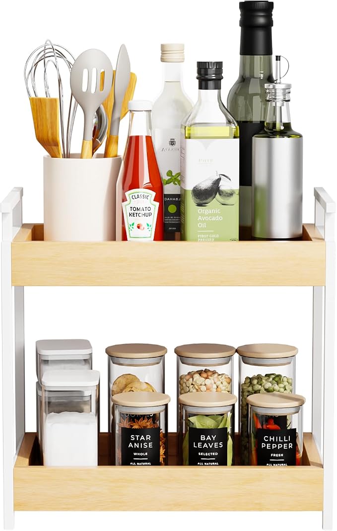 KLM Countertop Coffee Station Organizer, 2 Tier Wooden Shelf - Image 8