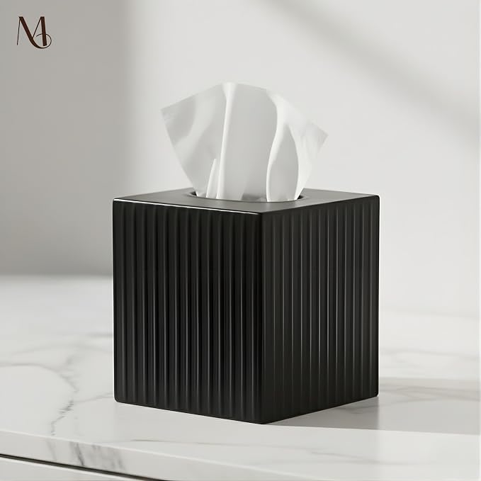 Monarch Abode Tissue Box Cover Square – Handcrafted Ridge Embossed Black Metal - Image 5
