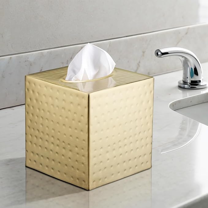 Monarch Abode Tissue Box Cover Square – Hand Hammered Brushed Gold Metal Tissue - Image 9