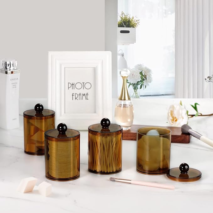 SheeChung 4-Pack Amber Acrylic Apothecary Jars - 10oz & 12oz Qtip Holder Set - - Image 5