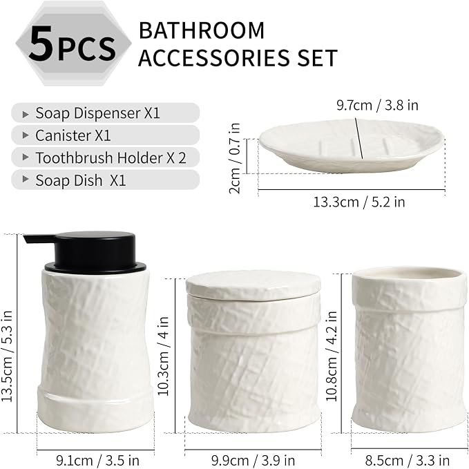 White Bathroom Accessory Set 5PCS, Ceramic Bathroom Accessories Set, Minimalist - Image 2