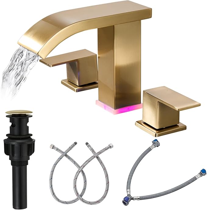 Brushed Gold Waterfall Bathroom faucets, 8 inch Widespread Modern Sink Faucet by TaiDoo