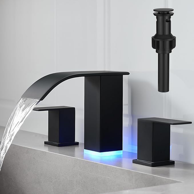 RUMOSE LED Bathroom Faucets Set Matte Black 8 inch Bathroom Sink Faucet 3 Hole by RUMOSE