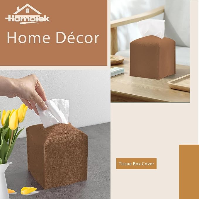 HOMOTEK 2 Pack Tissue Box Cover, Square PU Leather Tissue Holder, Decorative - Image 4