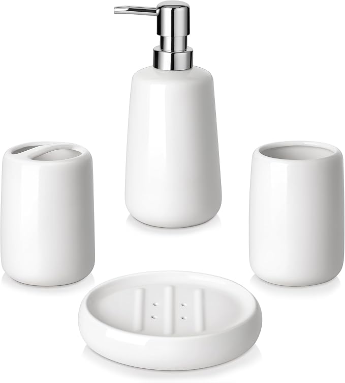 vancasso White Bathroom Accessories Set, Ceramic Soap Dispenser and Toothbrush by vancasso