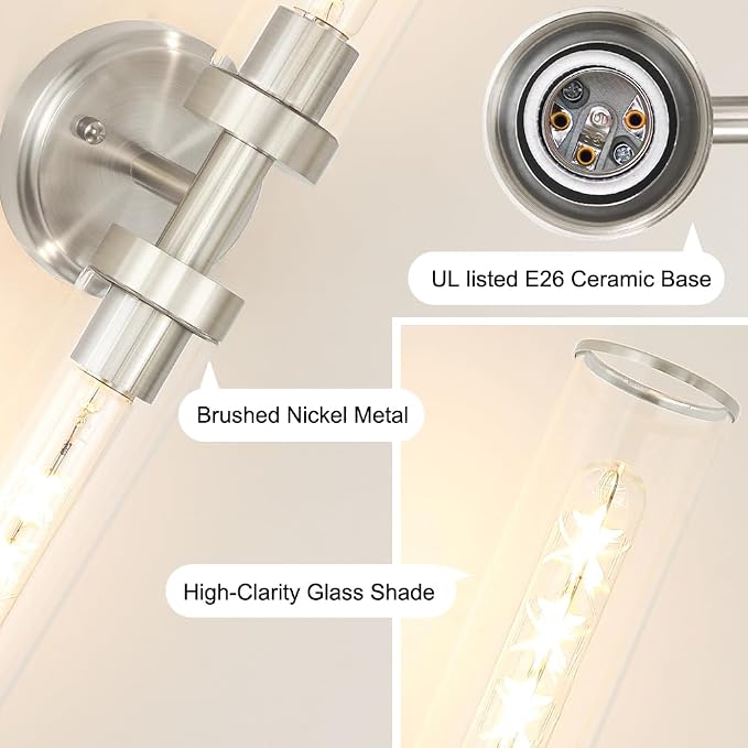 Brushed Nickel Wall Sconces Set of 2, Modern Bathroom Vanity Lights - Image 5