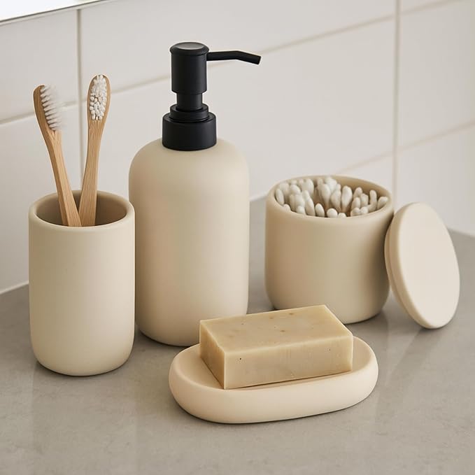 Ceramic Bathroom Accessories Set 4 Pcs – Modern Scandinavian Neutral Bathroom by AvaNord