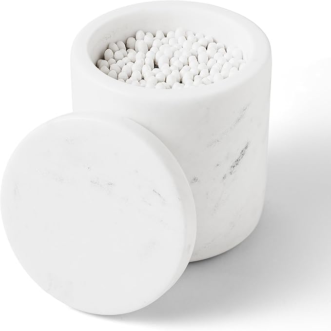 WORHE Marble Qtip Holder with Lid Natural Cotton Ball Container by WORHE