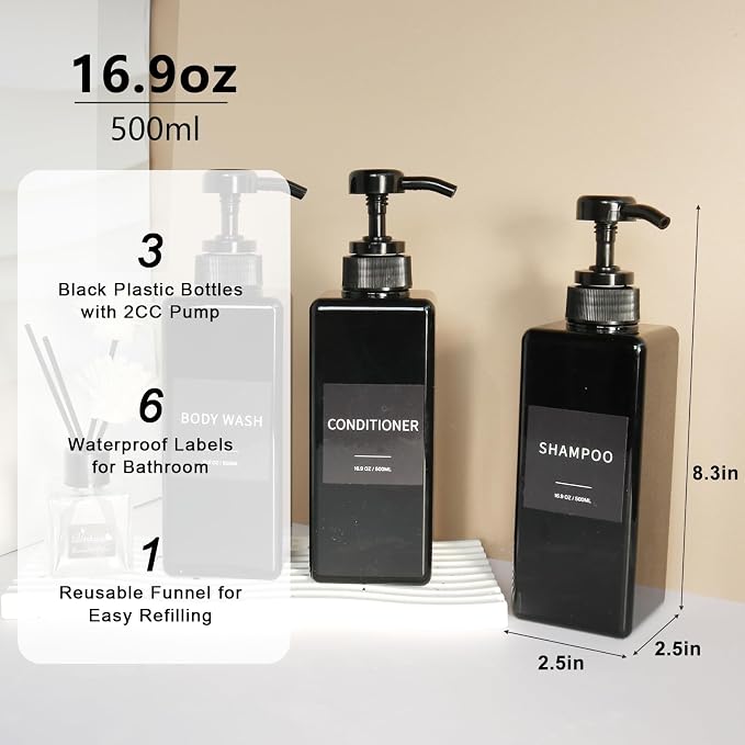 Shampoo and Conditioner Dispenser, Refillable Plastic Shampoo Pump Bottles - Image 2