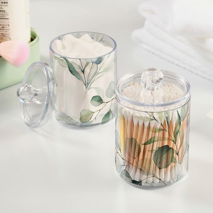 2 Pack Qtip Holder Dispenser for Cotton Ball Watercolor Green Eucalyptus Leaves - Image 2