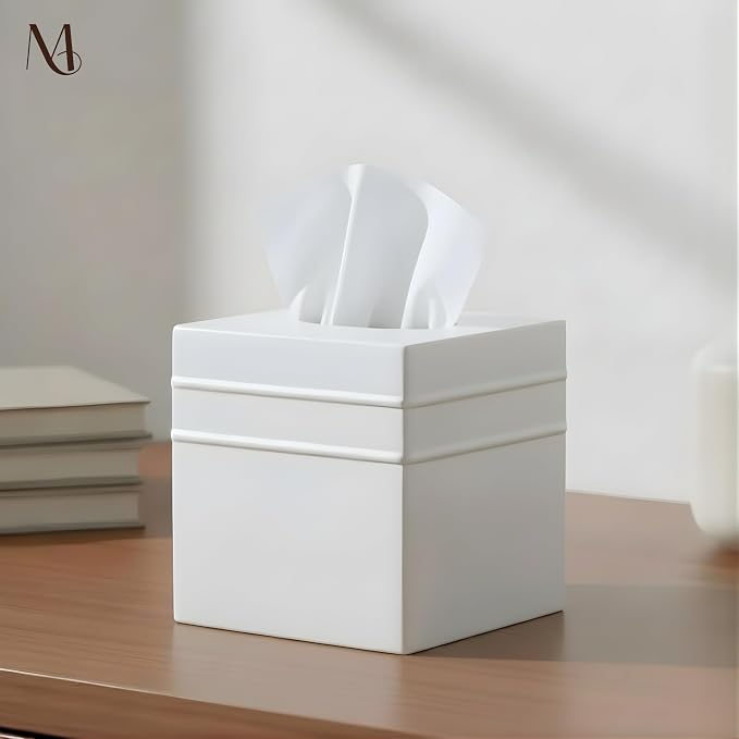 Monarch Abode Tissue Box Cover Square – Handcrafted Border Embossed White Metal - Image 2