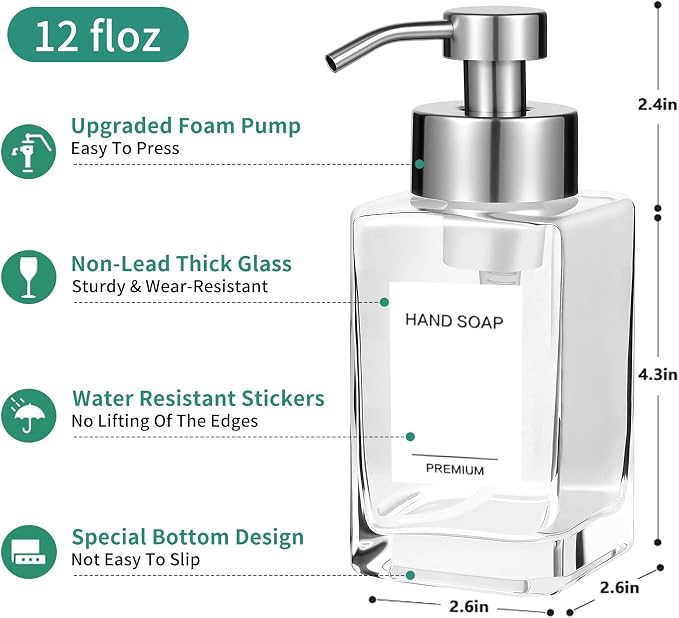 Foaming Soap Dispenser, 12oz/350ml Glass Foaming Hand Soap Dispenser Set - Image 2