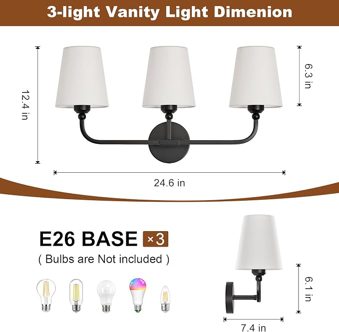 Bathroom Vanity Light, Matte Black Bathroom Light Fixtures, 3-Light Lighting - Image 2