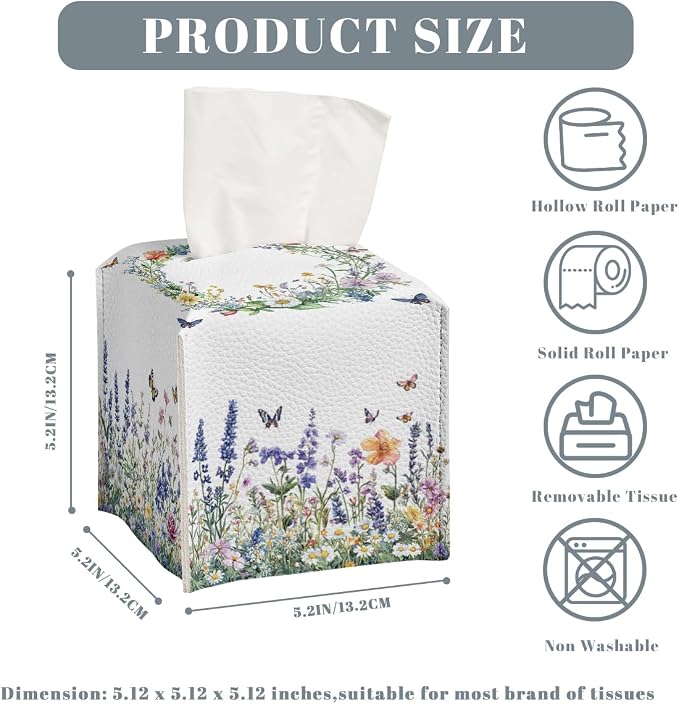 Wildflower Tissue Box Cover Colorful Spring Meadow Butterfly Garden Square PU - Image 3